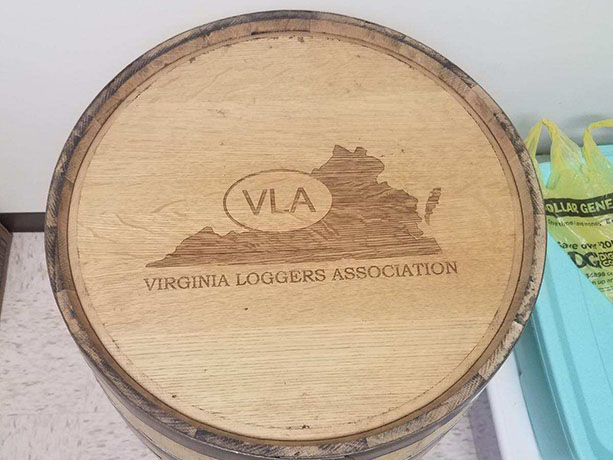 White Oak Bourbon Barrel with Virginia Loggers Association Engravement from Speyside Bourbon Stave Mill in Millboro, VA
